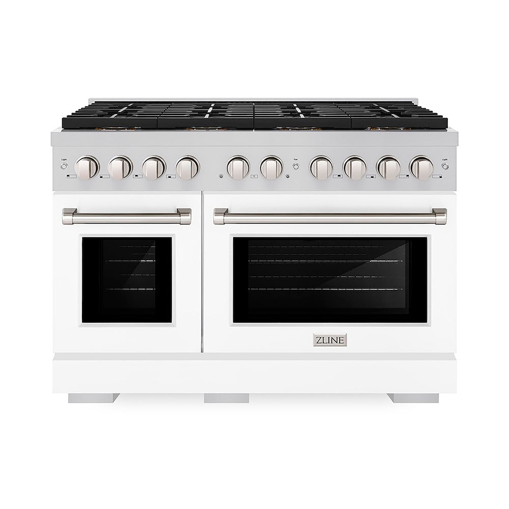 ZLINE 48 in. 6.7 cu. ft. Paramount Dual Fuel Range with 8 Burner DuoPro™ Cooktop and Dual Ovens with White Matte Doors (PSDR-WM-48) front.
