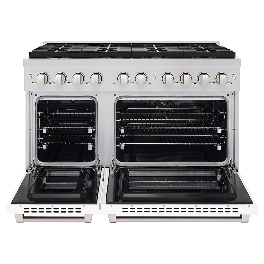 ZLINE 48 in. 6.7 cu. ft. Paramount Dual Fuel Range with 8 Burner DuoPro™ Cooktop and Dual Ovens with White Matte Doors (PSDR-WM-48) front, oven open.