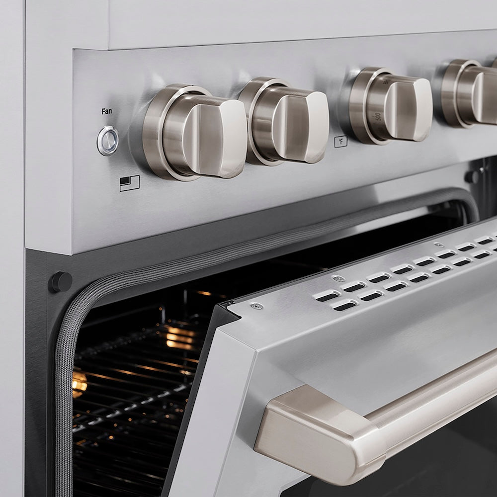 ZLINE 30 in. 4.2 cu. ft. Paramount Dual Fuel Range with 4 Burner DuoPro™ Cooktop and Electric Convection Oven in Stainless Steel (PSDR30) oven door slightly open showing handle detail.