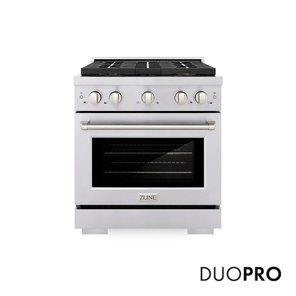 ZLINE 30 in. 4.2 cu. ft. Paramount Dual Fuel Range with 4 Burner DuoPro™ Cooktop and Electric Convection Oven in Stainless Steel (PSDR30) front, with DuoPro™ logo.