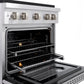ZLINE 30 in. 4.2 cu. ft. Paramount Dual Fuel Range with 4 Burner DuoPro™ Cooktop and Electric Convection Oven in Stainless Steel (PSDR30) side, oven open showing racks extended.
