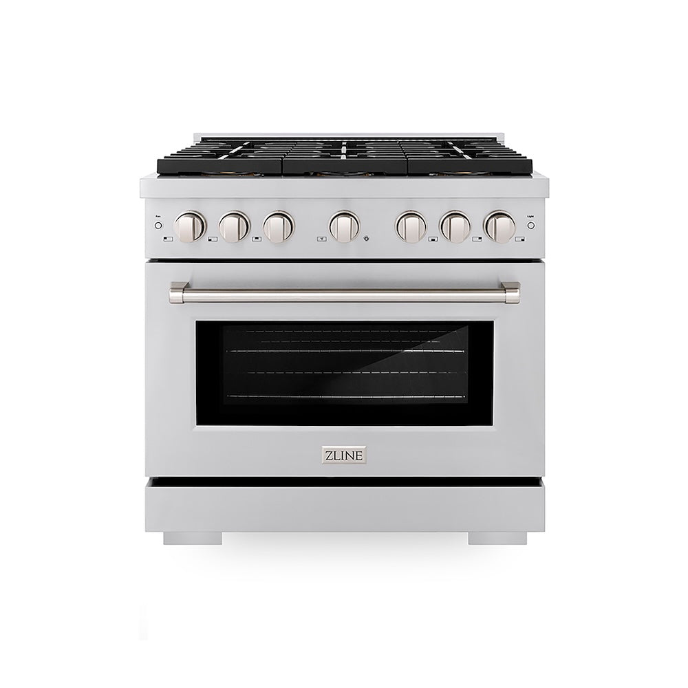 ZLINE 36 in. 5.2 cu. ft. Paramount Dual Fuel Range with 6 Burner DuoPro™ Cooktop and Electric Convection Oven in Stainless Steel (PSDR36) front.
