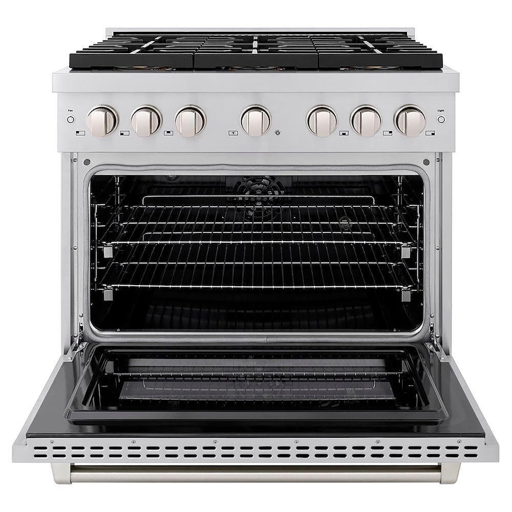 ZLINE 36 in. 5.2 cu. ft. Paramount Dual Fuel Range with 6 Burner DuoPro™ Cooktop and Electric Convection Oven in Stainless Steel (PSDR36) front, oven open.