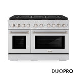 ZLINE 48 in. 6.7 cu. ft. Paramount Dual Fuel Range with 8 Burner DuoPro™ Cooktop and Dual Ovens in Stainless Steel (PSDR48) front, with DuoPro™ logo.
