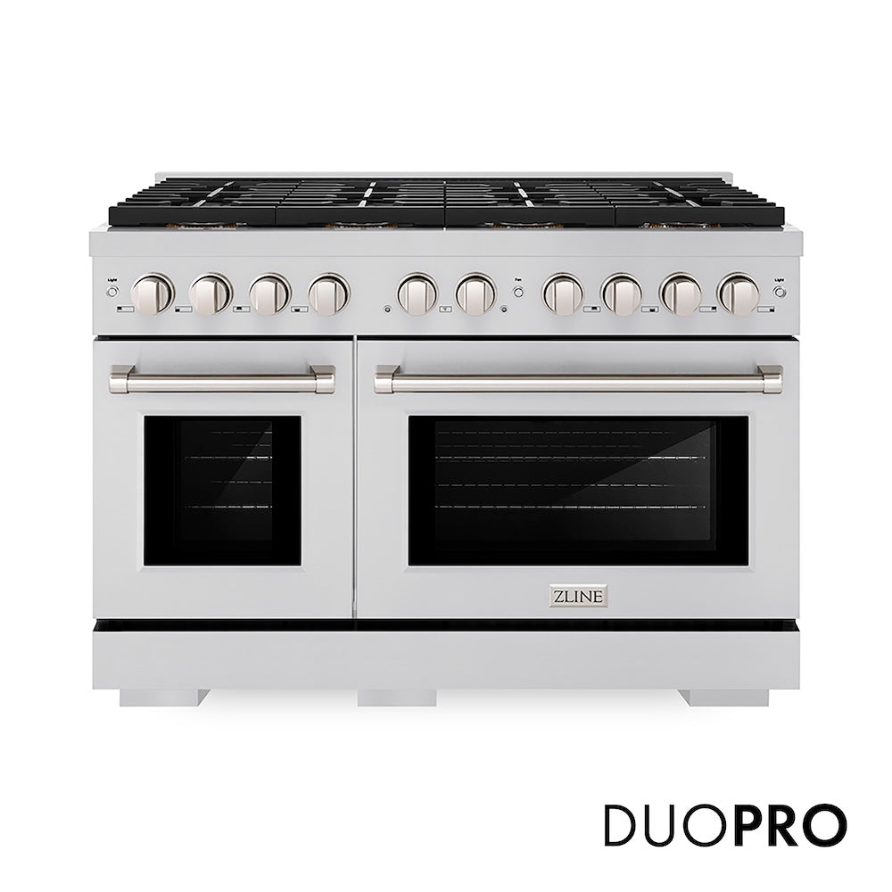 ZLINE 48 in. 6.7 cu. ft. Paramount Dual Fuel Range with 8 Burner DuoPro™ Cooktop and Dual Ovens in Stainless Steel (PSDR48) front, with DuoPro™ logo.