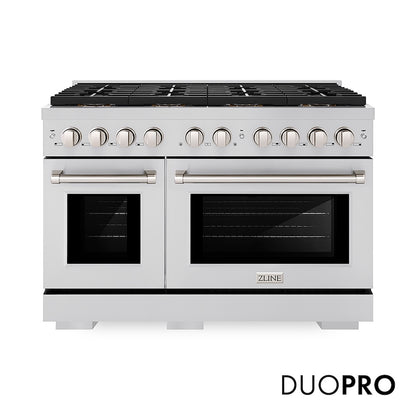 ZLINE 48 in. 6.7 cu. ft. Paramount Dual Fuel Range with 8 Burner DuoPro™ Cooktop and Dual Ovens in Stainless Steel (PSDR48) front, with DuoPro™ logo.