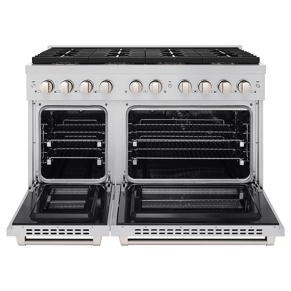 ZLINE 48 in. 6.7 cu. ft. Paramount Dual Fuel Range with 8 Burner DuoPro™ Cooktop and Dual Ovens in Stainless Steel (PSDR48) front, oven open.