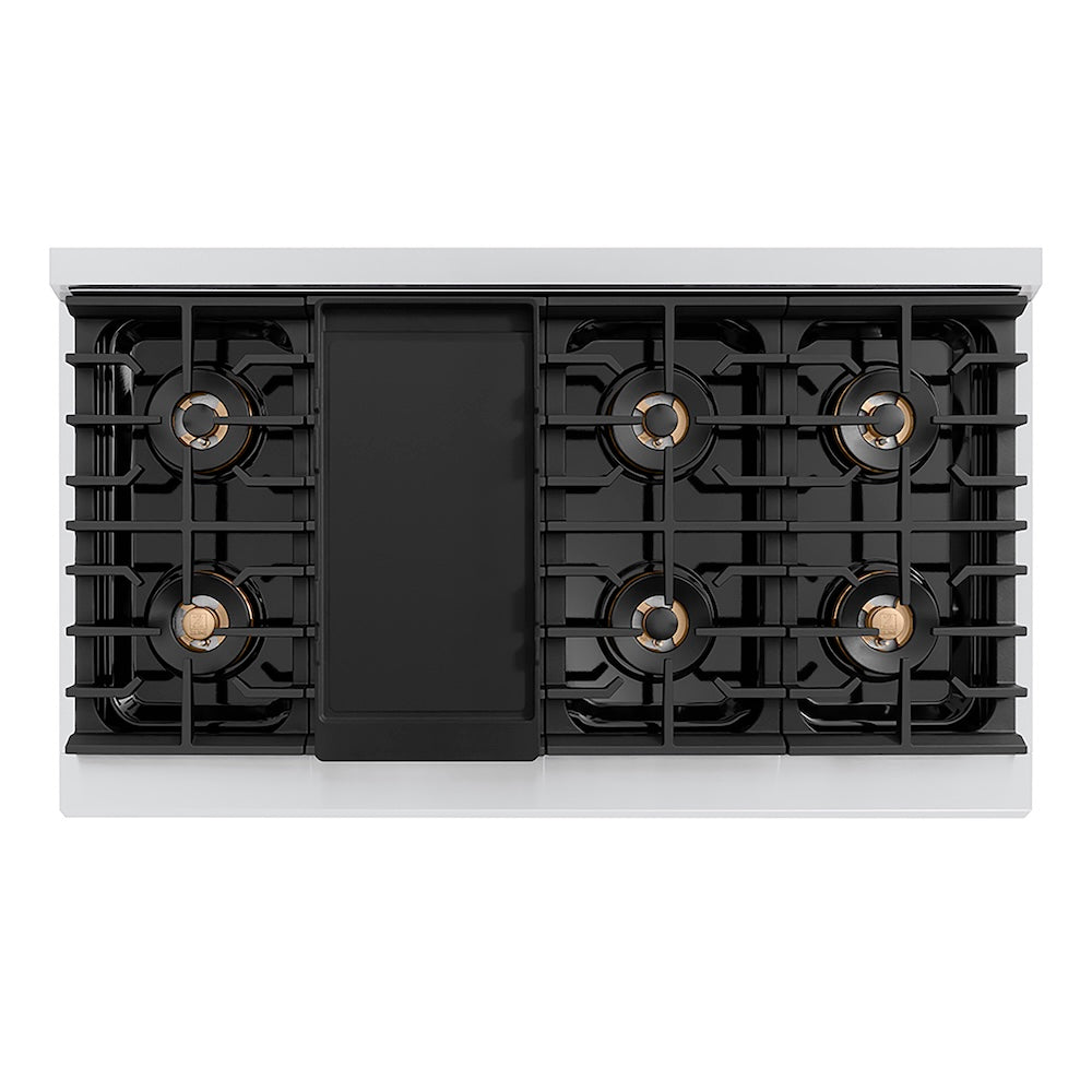ZLINE 48 in. 6.7 cu. ft. Paramount Dual Fuel Range with 8 Burner DuoPro™ Cooktop and Dual Ovens in Stainless Steel (PSDR48) top-down, above cooktop.