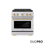 ZLINE Autograph Edition 30 in. 4.2 cu. ft. Paramount Dual Fuel Range with 4 Burner DuoPro™ Cooktop and Electric Convection Oven in Stainless Steel with Champagne Bronze Accents, Open Box-Good Condition