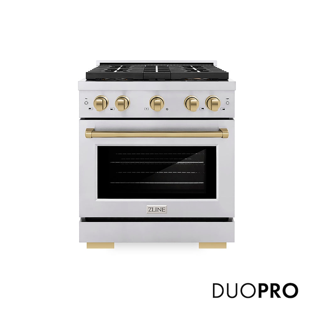 ZLINE Autograph Edition 30 in. 4.2 cu. ft. Paramount Dual Fuel Range with 4 Burner DuoPro™ Cooktop and Electric Convection Oven in Stainless Steel with Champagne Bronze Accents, Open Box-Good Condition