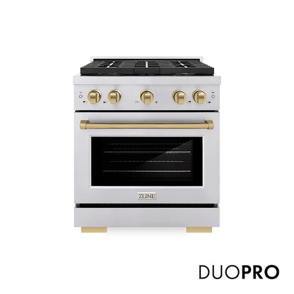 ZLINE Autograph Edition 30 in. 4.2 cu. ft. Paramount Dual Fuel Range with 4 Burner DuoPro™ Cooktop and Electric Convection Oven in Stainless Steel with Champagne Bronze Accents, Open Box-Good Condition