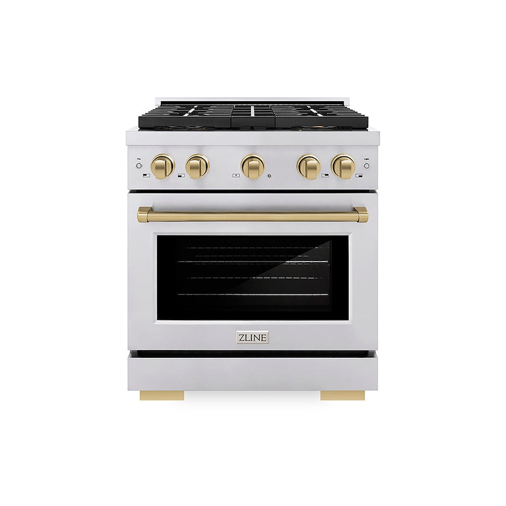 ZLINE Autograph Edition 30 in. 4.2 cu. ft. Paramount Dual Fuel Range with 4 Burner DuoPro™ Cooktop and Electric Convection Oven in Stainless Steel with Champagne Bronze Accents (PSDRZ-30-CB) front.