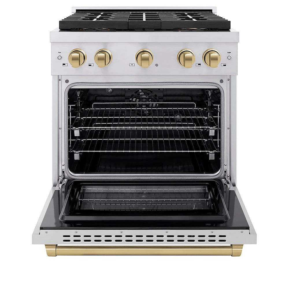 ZLINE Autograph Edition 30 in. 4.2 cu. ft. Paramount Dual Fuel Range with 4 Burner DuoPro™ Cooktop and Electric Convection Oven in Stainless Steel with Champagne Bronze Accents, Open Box-Good Condition