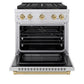 ZLINE Autograph Edition 30 in. 4.2 cu. ft. Paramount Dual Fuel Range with 4 Burner DuoPro™ Cooktop and Electric Convection Oven in Stainless Steel with Champagne Bronze Accents (PSDRZ-30-CB) front, oven open.