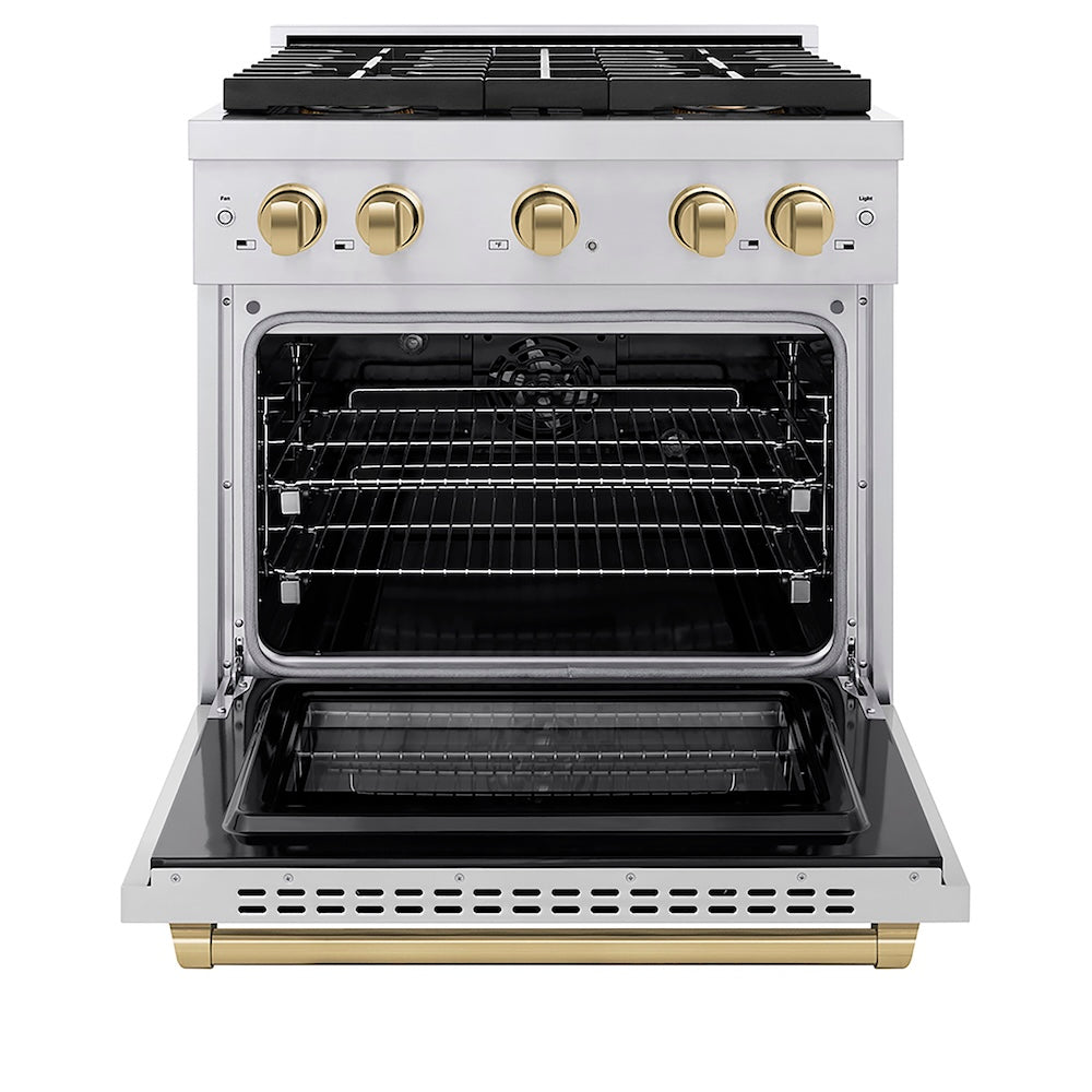 ZLINE Autograph Edition 30 in. 4.2 cu. ft. Paramount Dual Fuel Range with 4 Burner DuoPro™ Cooktop and Electric Convection Oven in Stainless Steel with Champagne Bronze Accents (PSDRZ-30-CB) front, oven open.