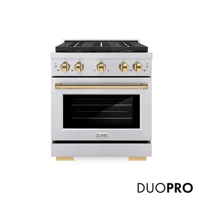 ZLINE Autograph Edition 30 in. 4.2 cu. ft. Paramount Dual Fuel Range with 4 Burner DuoPro™ Cooktop and Electric Convection Oven in Stainless Steel with Polished Gold Accents, Open Box-Great Condition