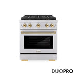 ZLINE Autograph Edition 30 in. 4.2 cu. ft. Paramount Dual Fuel Range with 4 Burner DuoPro™ Cooktop and Electric Convection Oven in Stainless Steel with Polished Gold Accents, Open Box-Good Condition