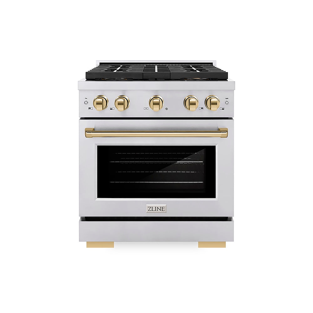 ZLINE Autograph Edition 30 in. 4.2 cu. ft. Paramount Dual Fuel Range with 4 Burner DuoPro™ Cooktop and Electric Convection Oven in Stainless Steel with Polished Gold Accents, Open Box-Good Condition