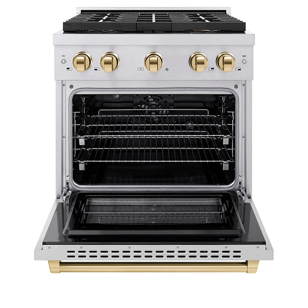 ZLINE Autograph Edition 30 in. 4.2 cu. ft. Paramount Dual Fuel Range with 4 Burner DuoPro™ Cooktop and Electric Convection Oven in Stainless Steel with Polished Gold Accents, Open Box-Good Condition