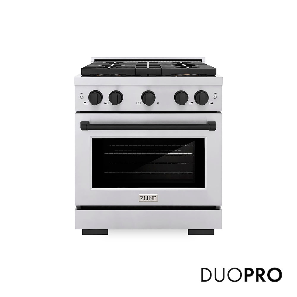ZLINE Autograph Edition 30 in. 4.2 cu. ft. Paramount Dual Fuel Range with 4 Burner DuoPro™ Cooktop and Electric Convection Oven in Stainless Steel with Matte Black Accents (PSDRZ-30-MB) main image.