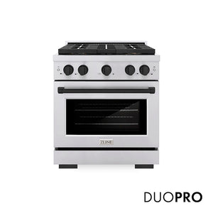 ZLINE Autograph Edition 30 in. 4.2 cu. ft. Paramount Dual Fuel Range with 4 Burner DuoPro™ Cooktop and Electric Convection Oven in Stainless Steel with Matte Black Accents (PSDRZ-30-MB) main image.