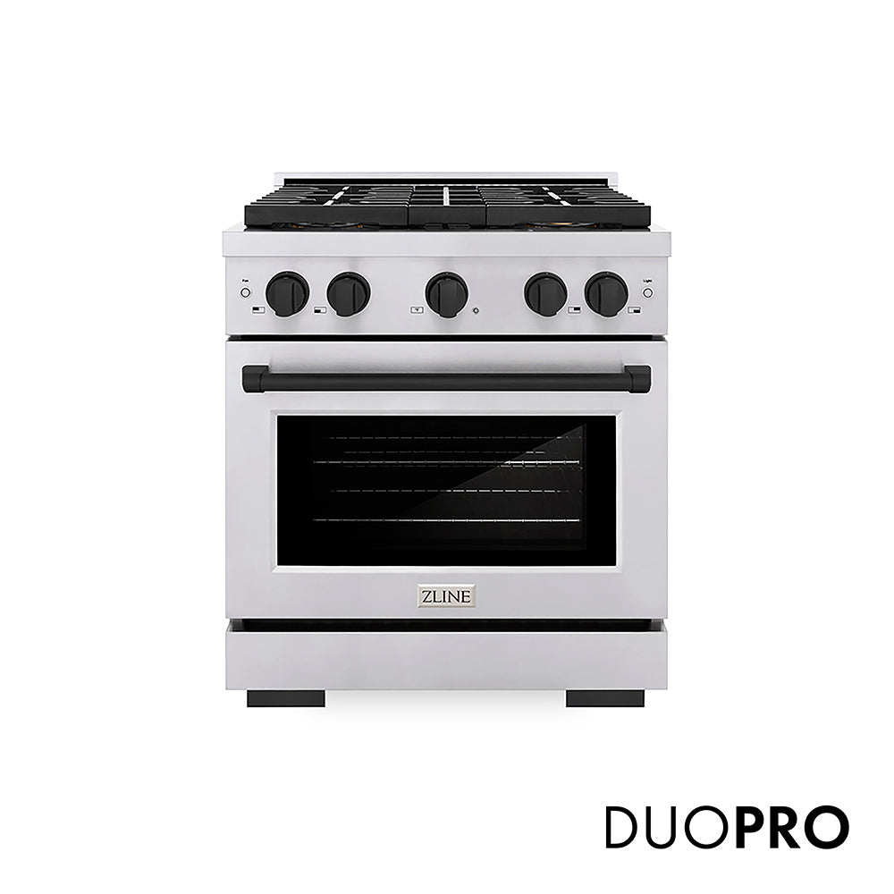 ZLINE Autograph Edition 30 in. 4.2 cu. ft. Paramount Dual Fuel Range with 4 Burner DuoPro™ Cooktop and Electric Convection Oven in Stainless Steel with Matte Black Accents, Open Box-Good Condition