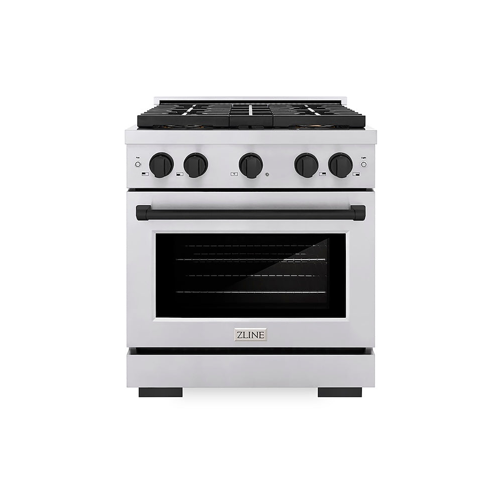 ZLINE Autograph Edition 30 in. 4.2 cu. ft. Paramount Dual Fuel Range with 4 Burner DuoPro™ Cooktop and Electric Convection Oven in Stainless Steel with Matte Black Accents (PSDRZ-30-MB) front.