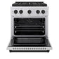 ZLINE Autograph Edition 30 in. 4.2 cu. ft. Paramount Dual Fuel Range with 4 Burner DuoPro™ Cooktop and Electric Convection Oven in Stainless Steel with Matte Black Accents (PSDRZ-30-MB) front, oven open.