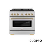 ZLINE Autograph Edition 36 in. 5.2 cu. ft. Paramount Dual Fuel Range with 6 Burner DuoPro™ Cooktop and Electric Convection Oven in Stainless Steel and Champagne Bronze Accents (PSDRZ-36-CB) front, with DuoPro™ logo.