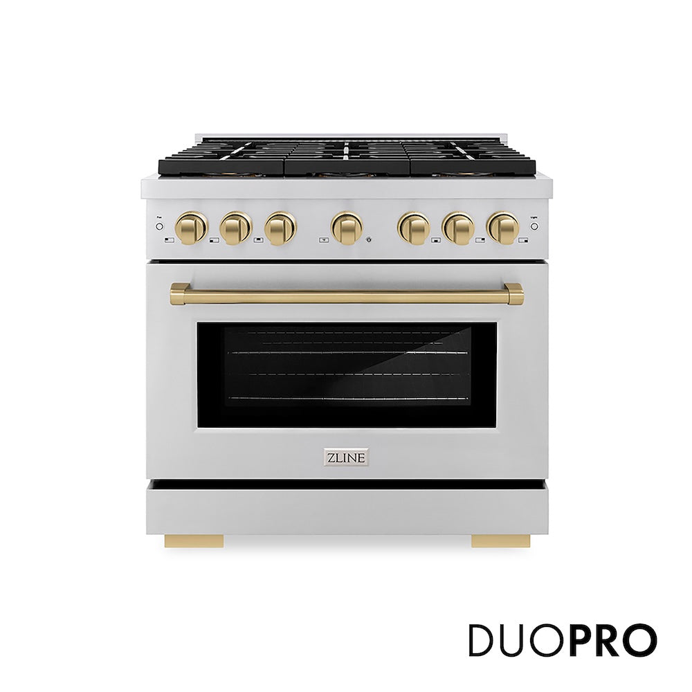 ZLINE Autograph Edition 36 in. 5.2 cu. ft. Paramount Dual Fuel Range with 6 Burner DuoPro™ Cooktop and Electric Convection Oven in Stainless Steel and Champagne Bronze Accents (PSDRZ-36-CB) front, with DuoPro™ logo.