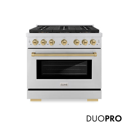 ZLINE Autograph Edition 36 in. 5.2 cu. ft. Paramount Dual Fuel Range with 6 Burner DuoPro™ Cooktop and Electric Convection Oven in Stainless Steel and Champagne Bronze Accents, Open Box-Great Condition