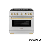 ZLINE Autograph Edition 36 in. 5.2 cu. ft. Paramount Dual Fuel Range with 6 Burner DuoPro™ Cooktop and Electric Convection Oven in Stainless Steel and Champagne Bronze Accents, Open Box-Good Condition