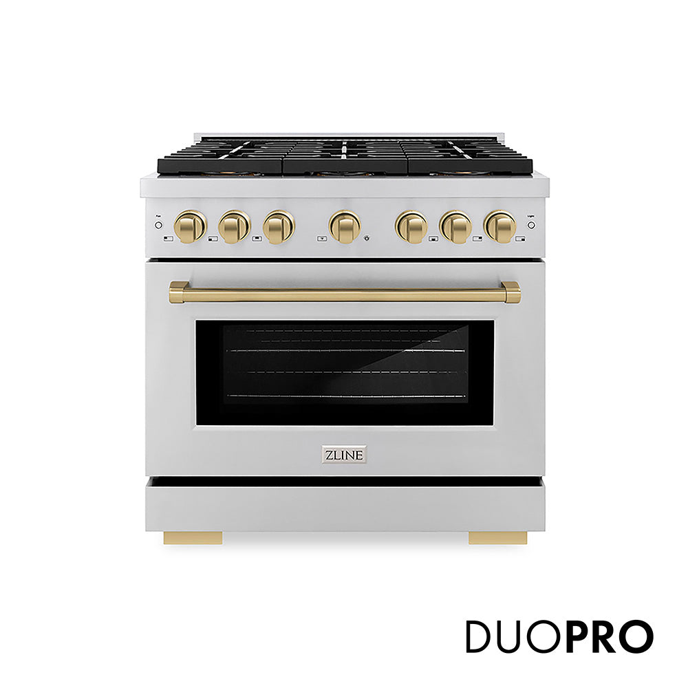 ZLINE Autograph Edition 36 in. 5.2 cu. ft. Paramount Dual Fuel Range with 6 Burner DuoPro™ Cooktop and Electric Convection Oven in Stainless Steel and Champagne Bronze Accents, Open Box-Good Condition