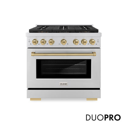 ZLINE Autograph Edition 36 in. 5.2 cu. ft. Paramount Dual Fuel Range with 6 Burner DuoPro™ Cooktop and Electric Convection Oven in Stainless Steel and Champagne Bronze Accents, Open Box-Good Condition