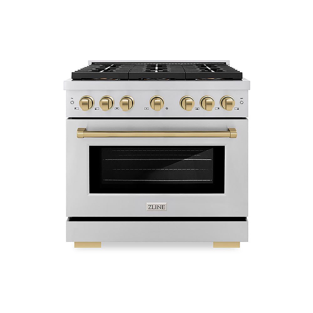 ZLINE Autograph Edition 36 in. 5.2 cu. ft. Paramount Dual Fuel Range with 6 Burner DuoPro™ Cooktop and Electric Convection Oven in Stainless Steel and Champagne Bronze Accents, Open Box-Good Condition