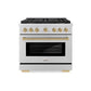 ZLINE Autograph Edition 36 in. 5.2 cu. ft. Paramount Dual Fuel Range with 6 Burner DuoPro™ Cooktop and Electric Convection Oven in Stainless Steel and Champagne Bronze Accents (PSDRZ-36-CB) front.