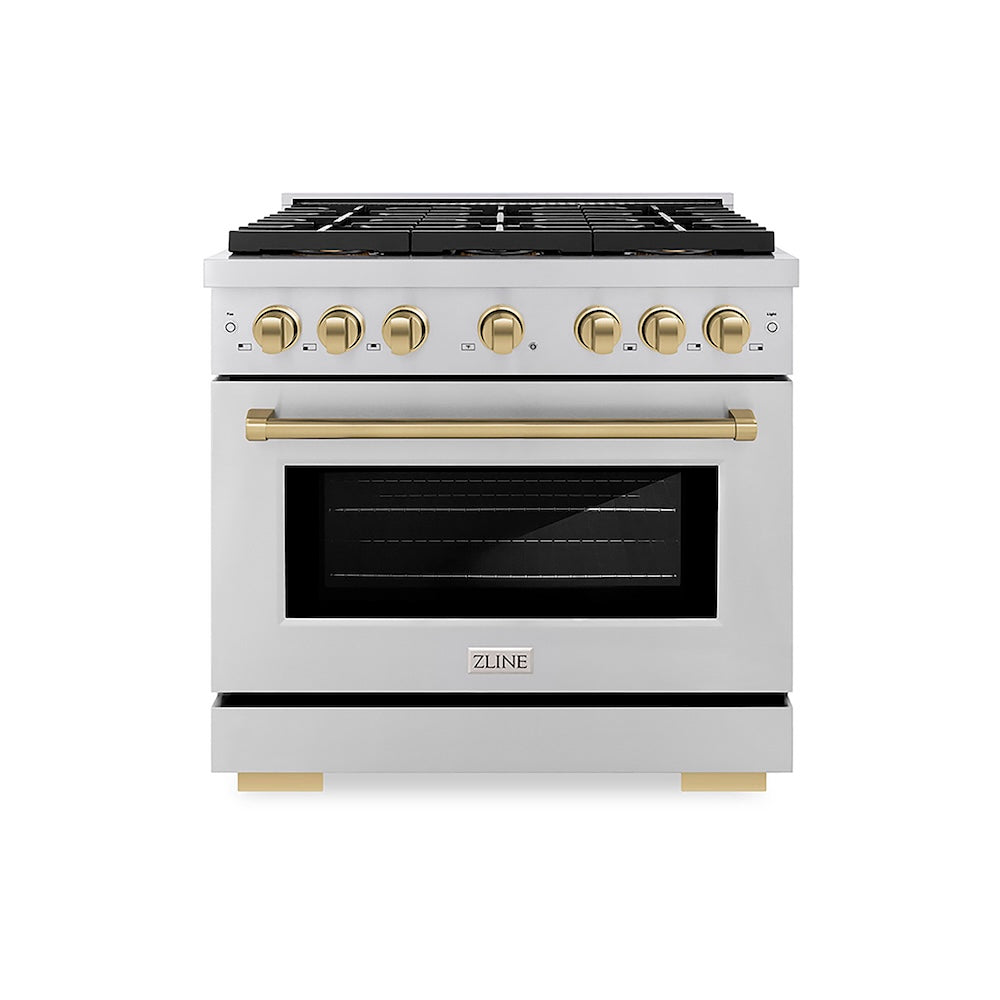 ZLINE Autograph Edition 36 in. 5.2 cu. ft. Paramount Dual Fuel Range with 6 Burner DuoPro™ Cooktop and Electric Convection Oven in Stainless Steel and Champagne Bronze Accents (PSDRZ-36-CB) front.