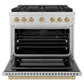 ZLINE Autograph Edition 36 in. 5.2 cu. ft. Paramount Dual Fuel Range with 6 Burner DuoPro™ Cooktop and Electric Convection Oven in Stainless Steel and Champagne Bronze Accents (PSDRZ-36-CB) front, oven open.