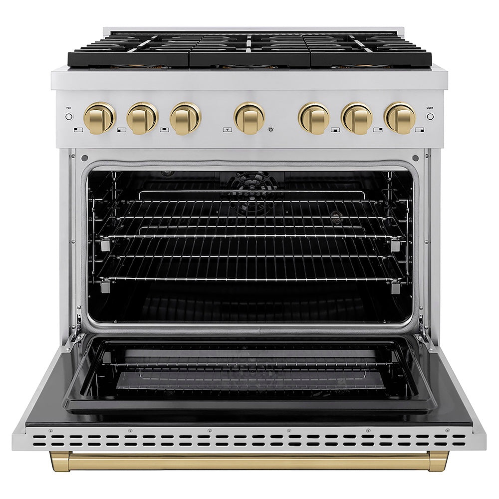 ZLINE Autograph Edition 36 in. 5.2 cu. ft. Paramount Dual Fuel Range with 6 Burner DuoPro™ Cooktop and Electric Convection Oven in Stainless Steel and Champagne Bronze Accents (PSDRZ-36-CB) front, oven open.
