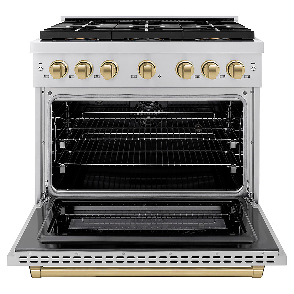 ZLINE Autograph Edition 36 in. 5.2 cu. ft. Paramount Dual Fuel Range with 6 Burner DuoPro™ Cooktop and Electric Convection Oven in Stainless Steel and Champagne Bronze Accents, Open Box-Good Condition