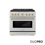 ZLINE Autograph Edition 36 in. 5.2 cu. ft. Paramount Dual Fuel Range with 6 Burner DuoPro™ Cooktop and Electric Convection Oven in Stainless Steel and Polished Gold Accents (PSDRZ-36-G) front, with DuoPro™ logo.