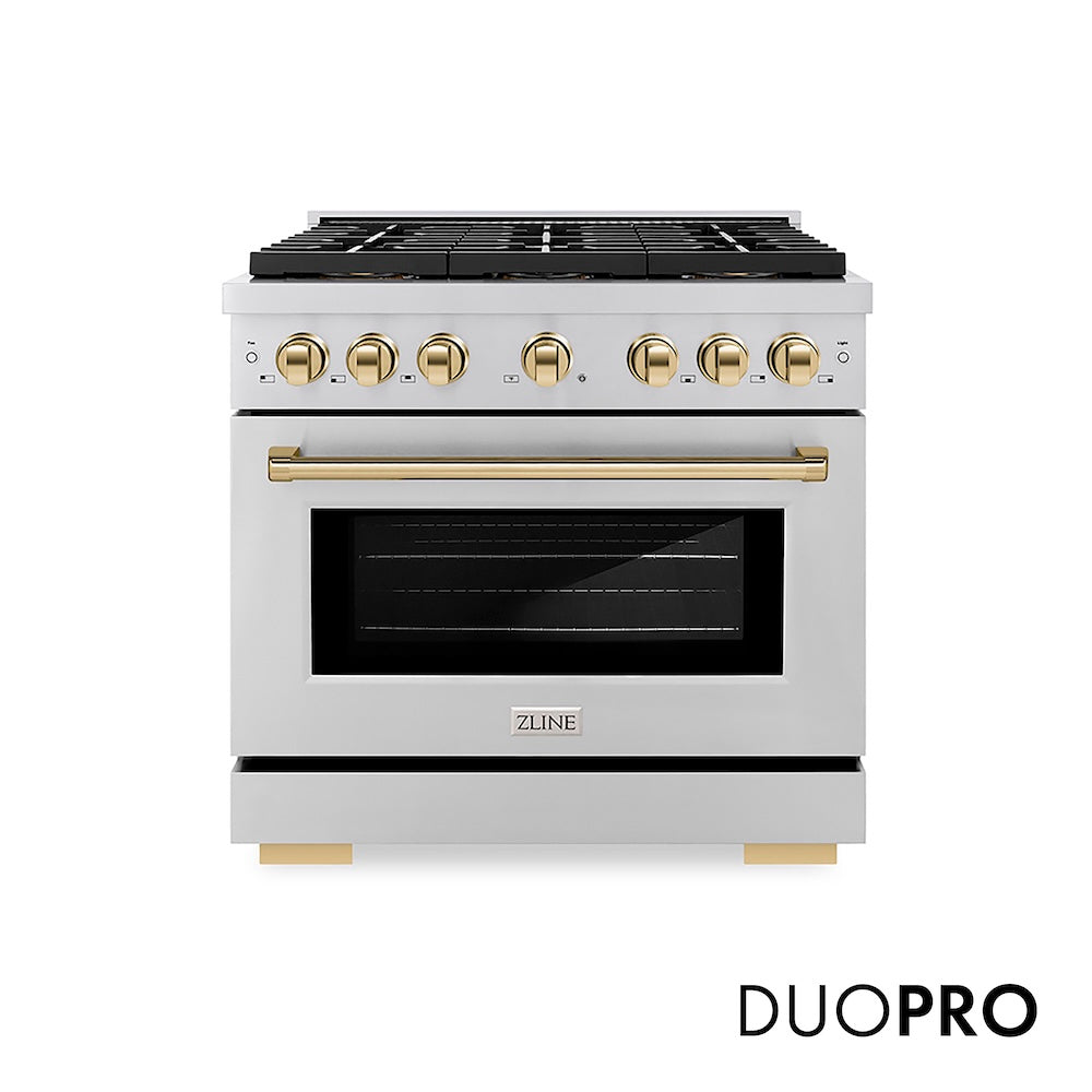 ZLINE Autograph Edition 36 in. 5.2 cu. ft. Paramount Dual Fuel Range with 6 Burner DuoPro™ Cooktop and Electric Convection Oven in Stainless Steel and Polished Gold Accents (PSDRZ-36-G) front, with DuoPro™ logo.