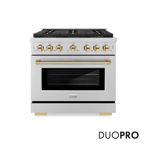 ZLINE Autograph Edition 36 in. 5.2 cu. ft. Paramount Dual Fuel Range with 6 Burner DuoPro™ Cooktop and Electric Convection Oven in Stainless Steel and Polished Gold Accents (PSDRZ-36-G) main image.
