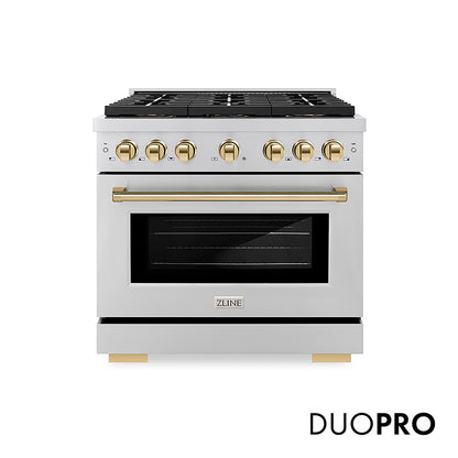 ZLINE Autograph Edition 36 in. 5.2 cu. ft. Paramount Dual Fuel Range with 6 Burner DuoPro™ Cooktop and Electric Convection Oven in Stainless Steel and Polished Gold Accents, Open Box-Good Condition