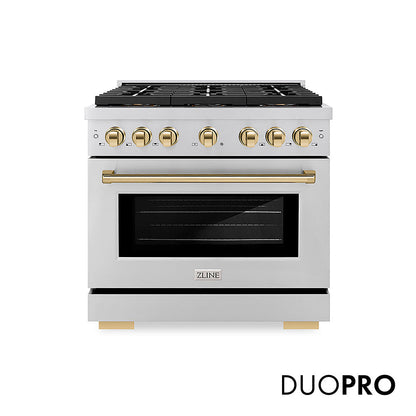 ZLINE Autograph Edition 36 in. 5.2 cu. ft. Paramount Dual Fuel Range with 6 Burner DuoPro™ Cooktop and Electric Convection Oven in Stainless Steel and Polished Gold Accents, Open Box-Great Condition