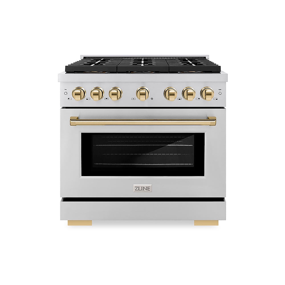 ZLINE Autograph Edition 36 in. 5.2 cu. ft. Paramount Dual Fuel Range with 6 Burner DuoPro™ Cooktop and Electric Convection Oven in Stainless Steel and Polished Gold Accents (PSDRZ-36-G) front.