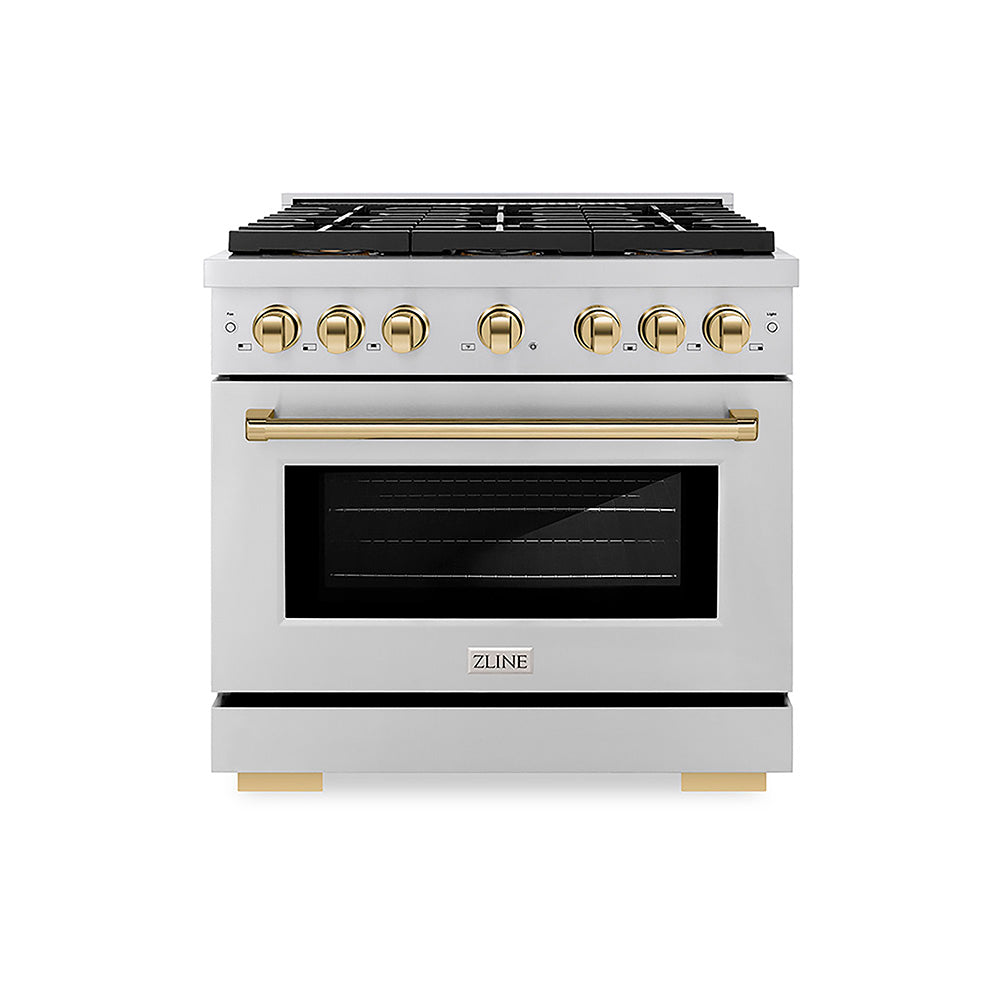ZLINE Autograph Edition 36 in. 5.2 cu. ft. Paramount Dual Fuel Range with 6 Burner DuoPro™ Cooktop and Electric Convection Oven in Stainless Steel and Polished Gold Accents, Open Box-Good Condition