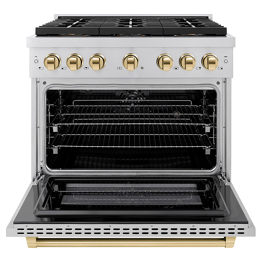 ZLINE Autograph Edition 36 in. 5.2 cu. ft. Paramount Dual Fuel Range with 6 Burner DuoPro™ Cooktop and Electric Convection Oven in Stainless Steel and Polished Gold Accents, Open Box-Good Condition