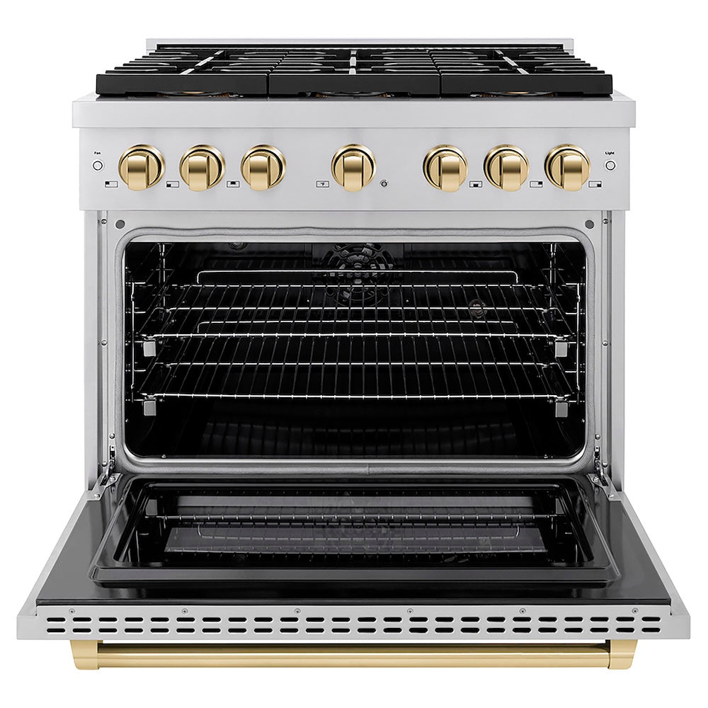 ZLINE Autograph Edition 36 in. 5.2 cu. ft. Paramount Dual Fuel Range with 6 Burner DuoPro™ Cooktop and Electric Convection Oven in Stainless Steel and Polished Gold Accents (PSDRZ-36-G) front, oven open.