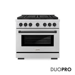 ZLINE Autograph Edition 36 in. 5.2 cu. ft. Paramount Dual Fuel Range with 6 Burner DuoPro™ Cooktop and Electric Convection Oven in Stainless Steel and Matte Black Accents (PSDRZ-36-MB) front, with DuoPro™ logo.